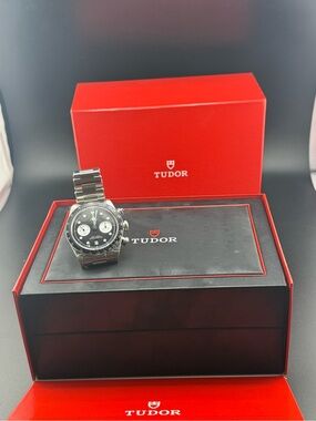 Tudor Black Dial Stainless Steel Chronograph Watch. Has tag and card.